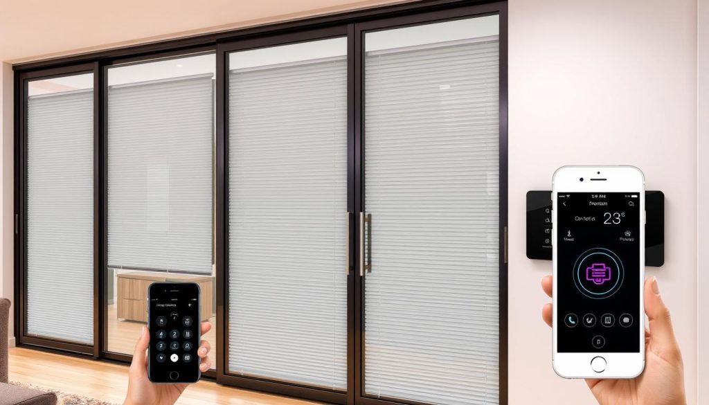 Modern glass sliding door system with integrated blinds and smart home automation features