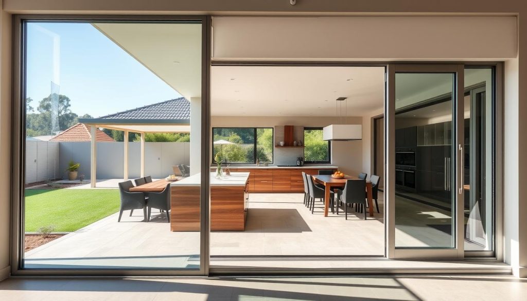 Multi-panel stacker sliding glass door system fully opened to connect kitchen with outdoor entertaining area