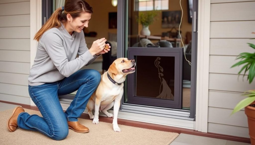 Owner training a dog to use a sliding door with dog door using treats and positive reinforcement