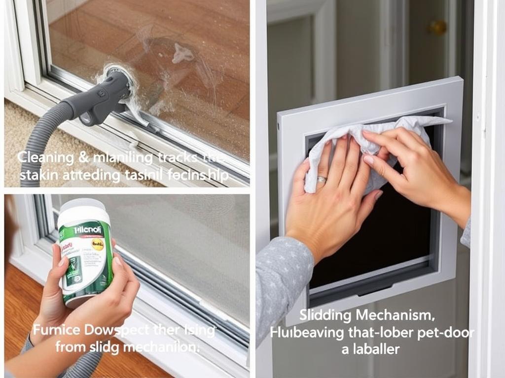 Person cleaning and maintaining a sliding door with dog door, focusing on tracks and flap mechanism