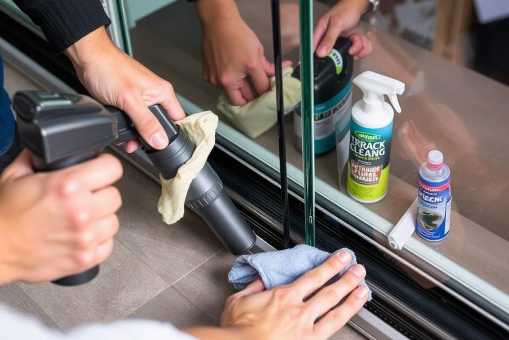 Person cleaning and maintaining tracks on a glass sliding door system