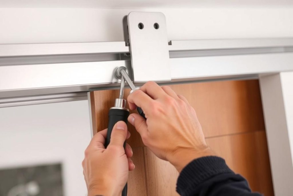 Person performing maintenance on a cavity sliding door track system with appropriate tools