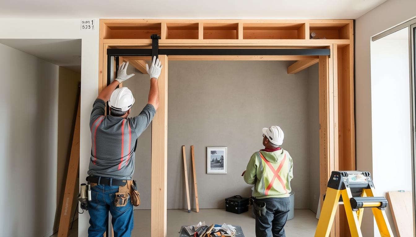 Professional installation of a cavity sliding door system showing the pocket frame being fitted into a wall during home renovation