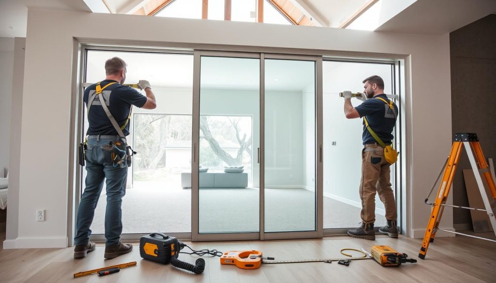 Professional installation of a large glass sliding door system in an Australian home renovation