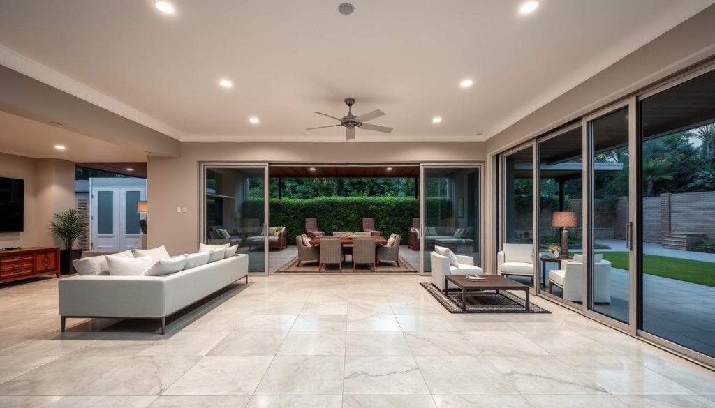 Seamless indoor-outdoor design with coordinated flooring and ceiling heights around glass sliding doors
