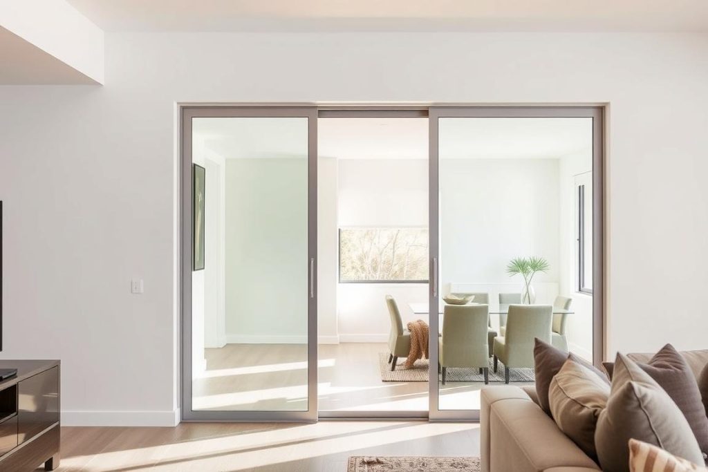 Standard two-panel glass sliding door system with aluminium frame in a modern Australian living room