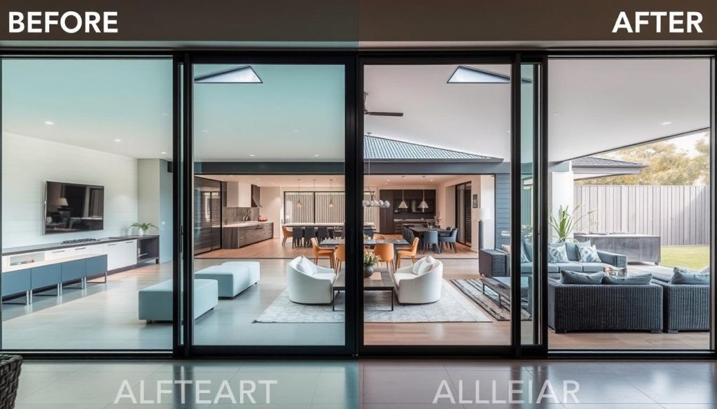 Transformed Australian home interior with glass sliding doors creating a seamless connection to outdoor living space