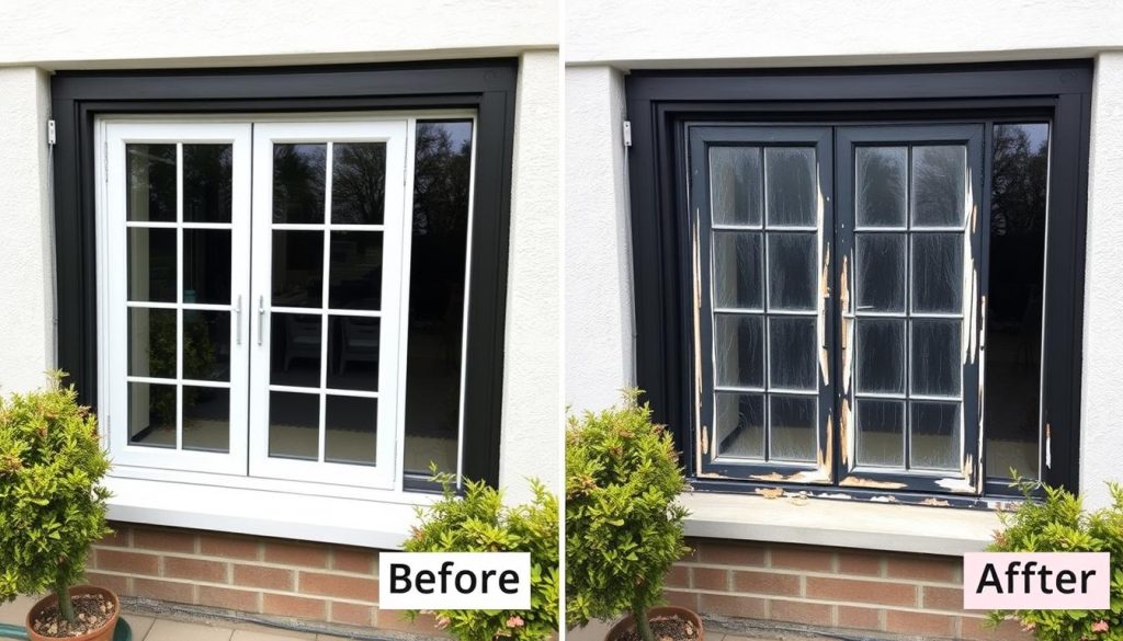 Before and after comparison showing protected aluminium window finish versus degraded finish without warranty coverage
