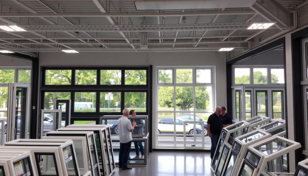 Brightview Aluminium's showroom in Condell Park displaying various aluminium window styles with Australian certification labels