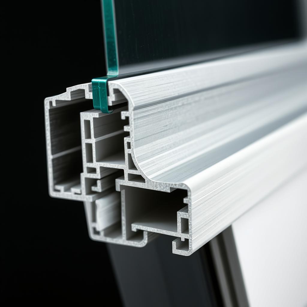 Close-up detail of thermal break technology in aluminium window profile showing polyamide barrier