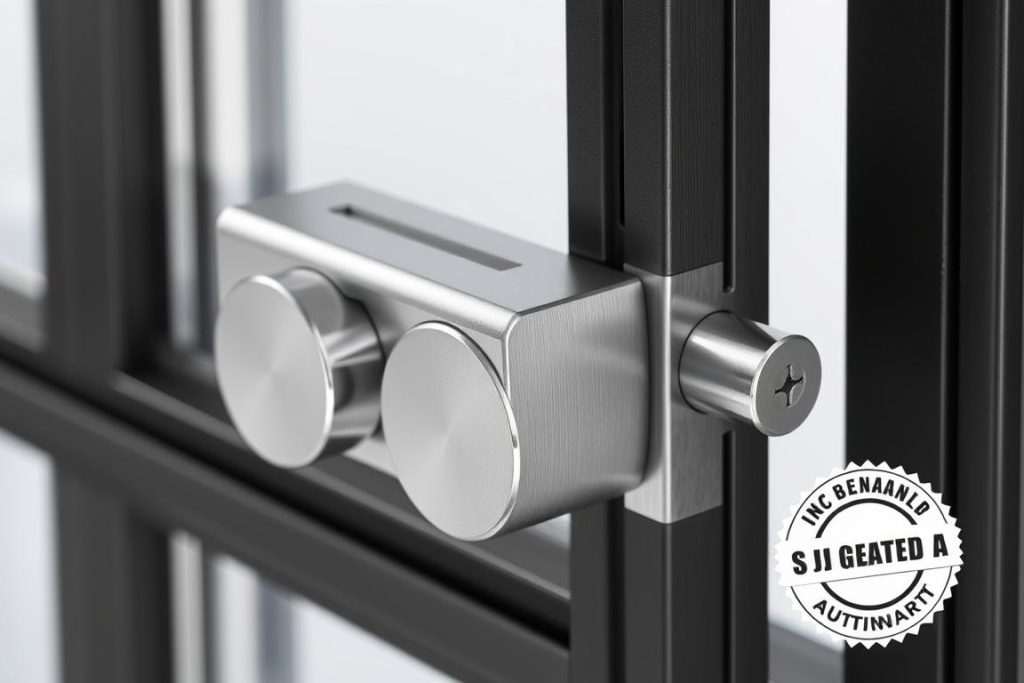 Close-up of premium locking mechanism for aluminium windows with warranty seal