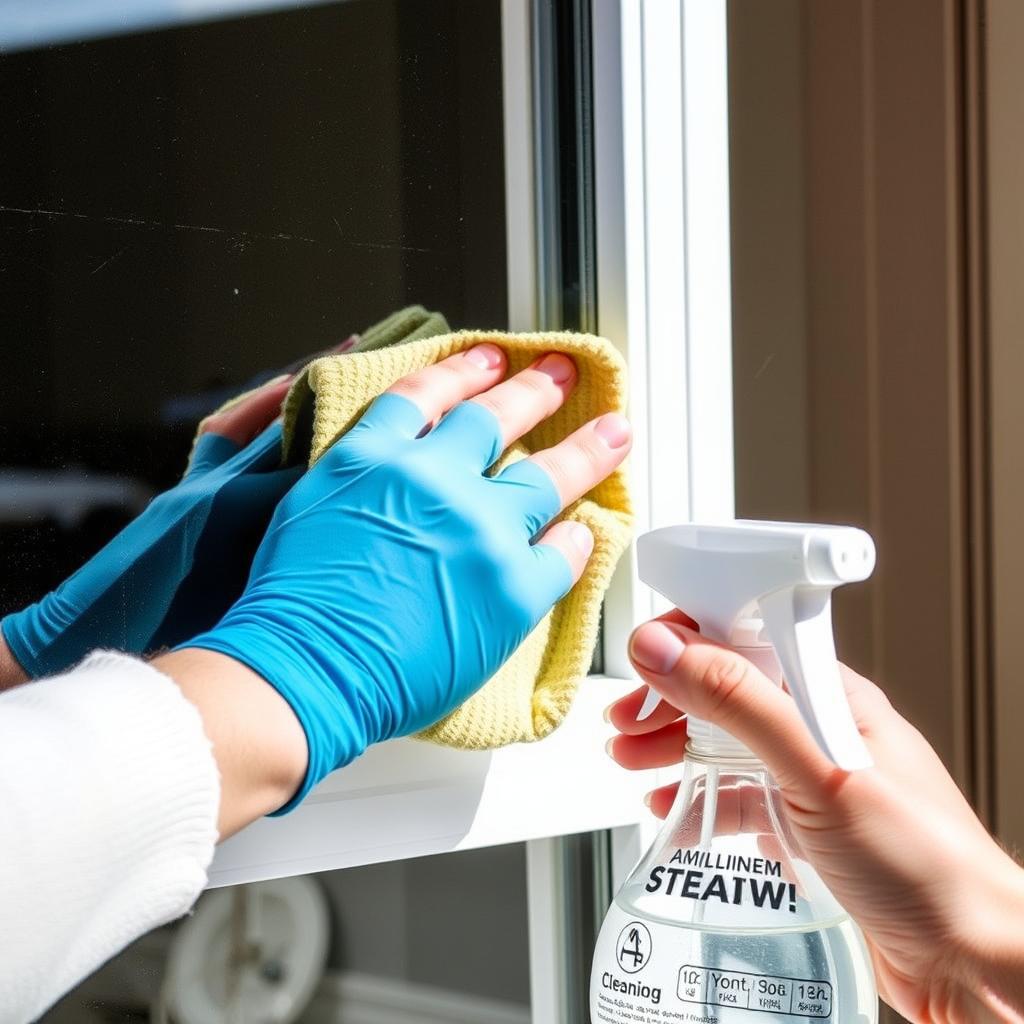 Close-up of proper aluminium window cleaning technique showing gentle cleaning of tracks and frames