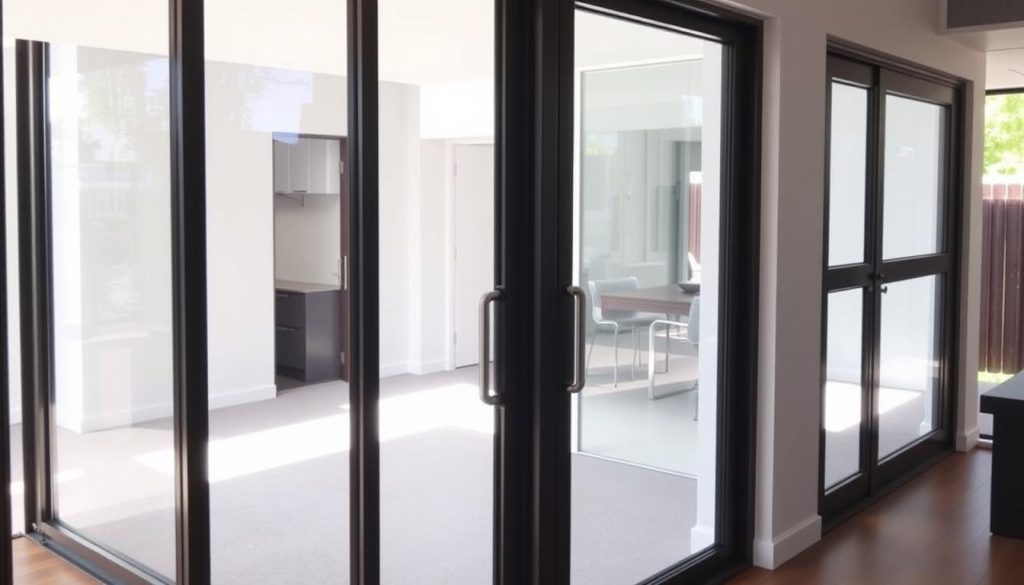 Collection of matching aluminium windows and doors showing coordinated design elements and hardware