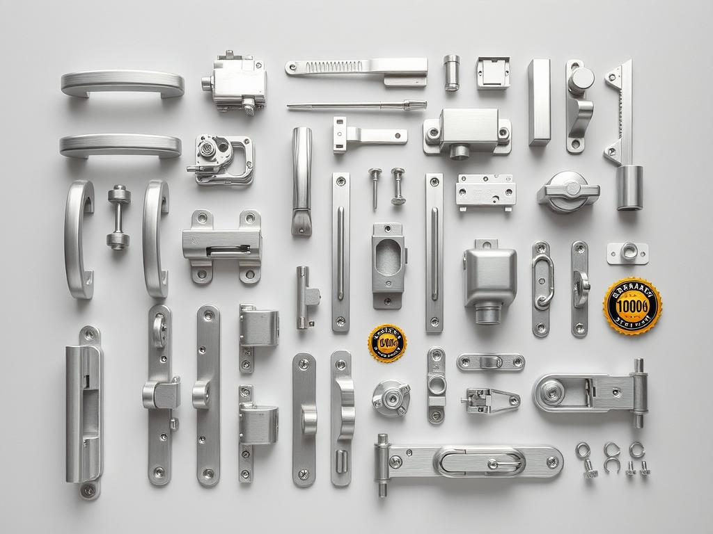 Collection of premium aluminium window hardware components with warranty coverage indicators