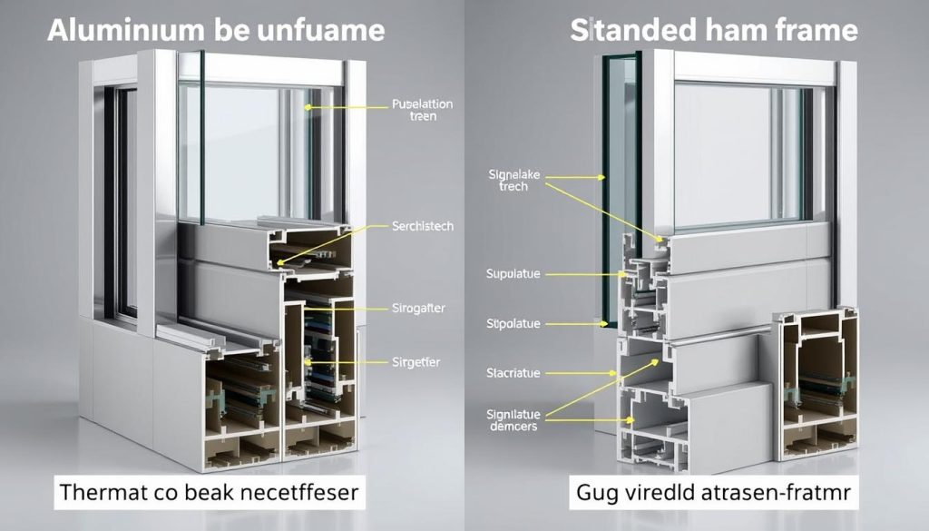 Comparison of different aluminium window frame technologies showing thermal break systems and standard frames with detailed labels