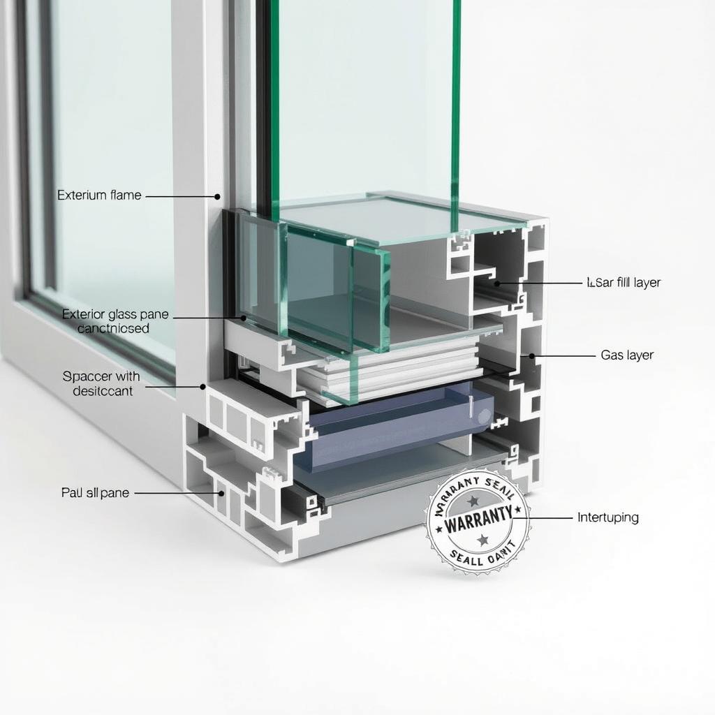 Cross-section of double-glazed aluminium window showing sealed unit covered by warranty