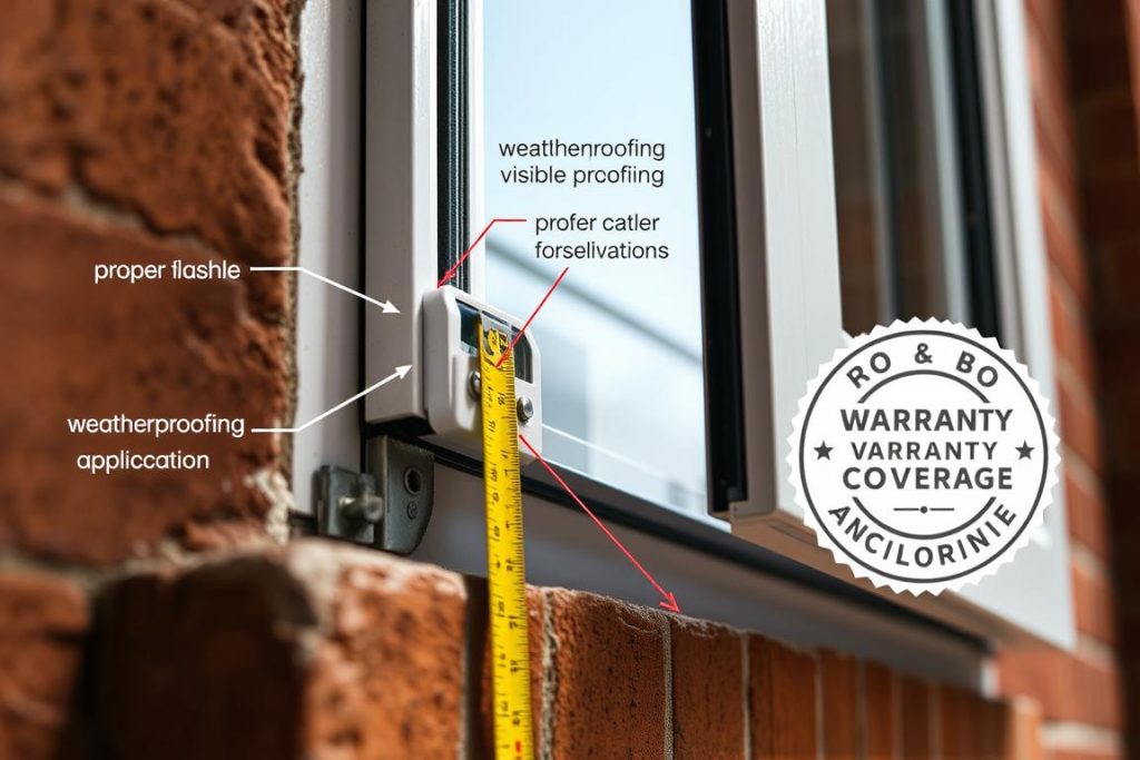 Detailed view of properly installed aluminium window showing weatherproofing and sealing covered by warranty