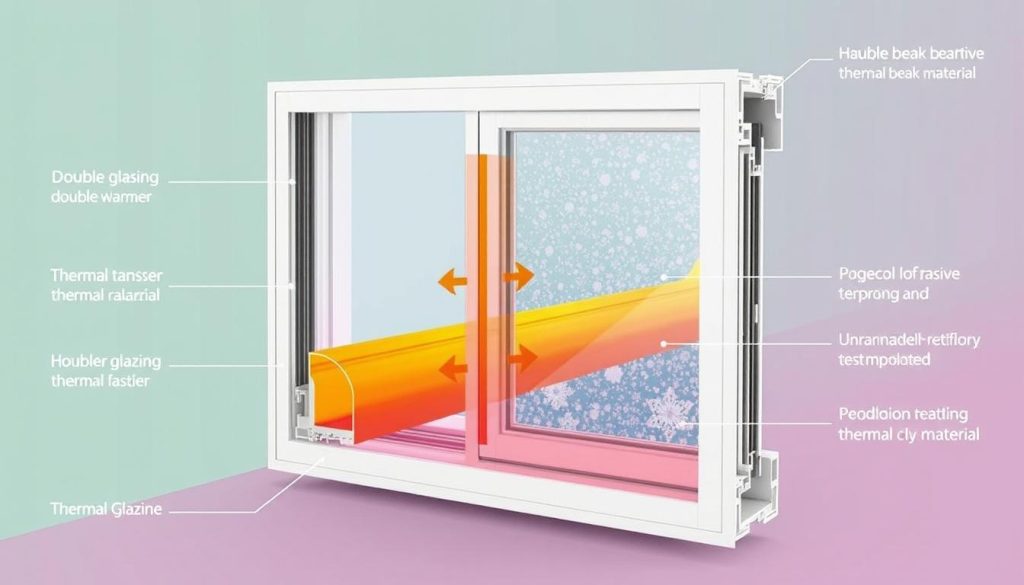Diagram showing thermal break technology in aluminium window frames with heat flow visualization