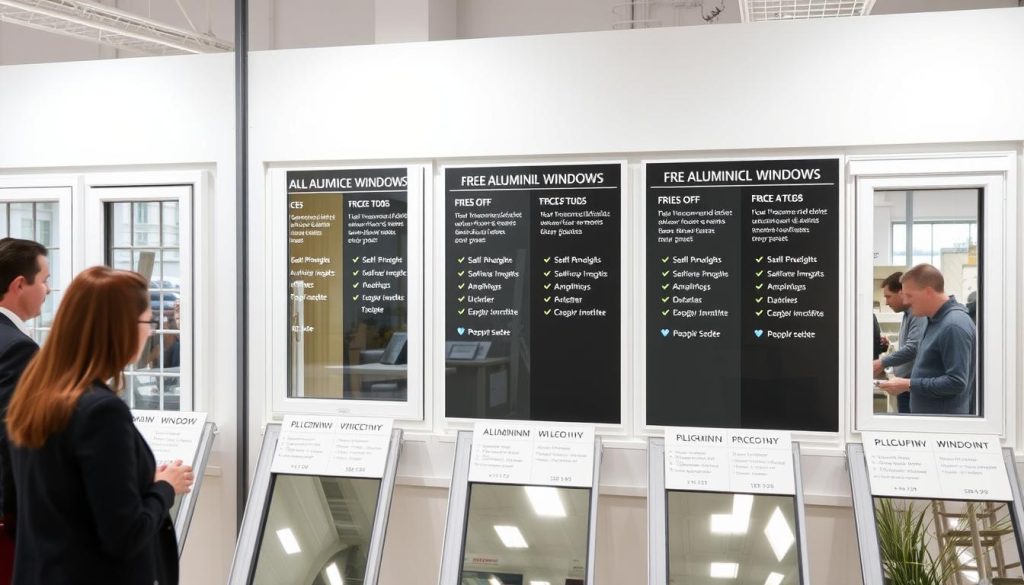 Display of various aluminium window price points with clear value indicators and quality differences
