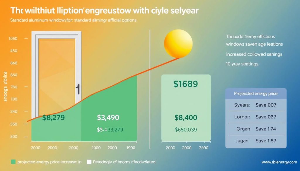 Graph showing energy cost savings over time with energy-efficient aluminium windows versus standard options