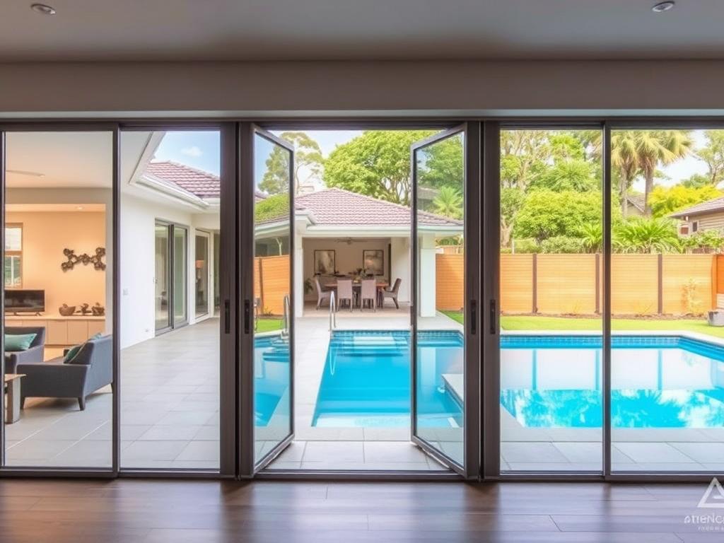 Large aluminium sliding doors opening to a Sydney backyard showing indoor-outdoor living capabilities