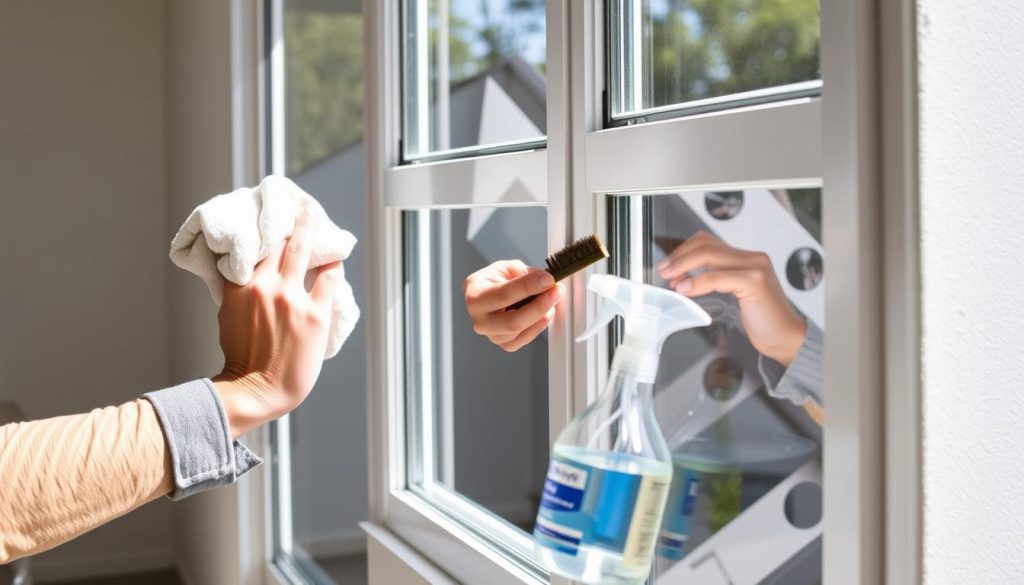 Person performing proper maintenance on aluminium windows with appropriate cleaning tools and products