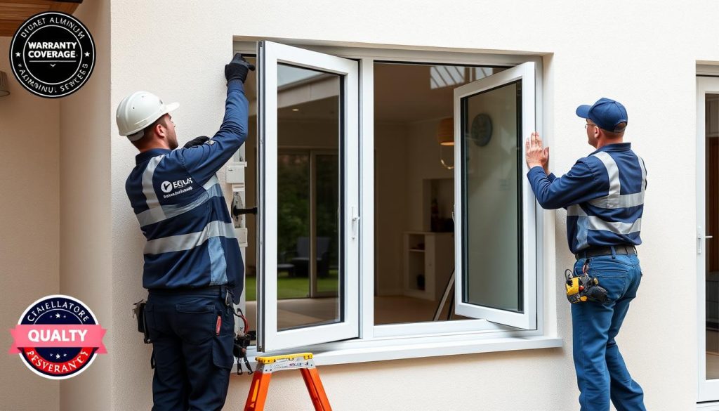 Professional installation of aluminium windows with warranty coverage indicators highlighting quality workmanship