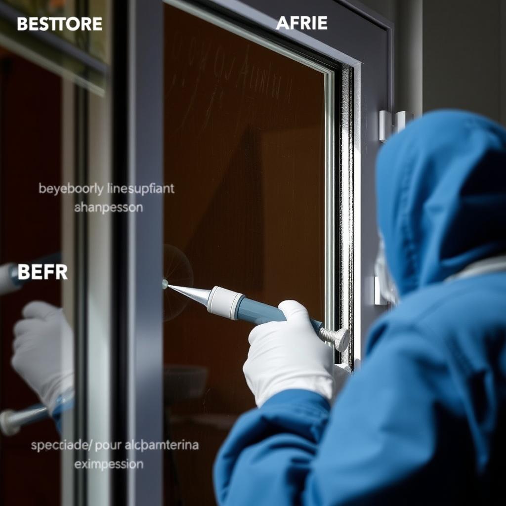Professional repainting process for aluminium window frames showing proper preparation and application