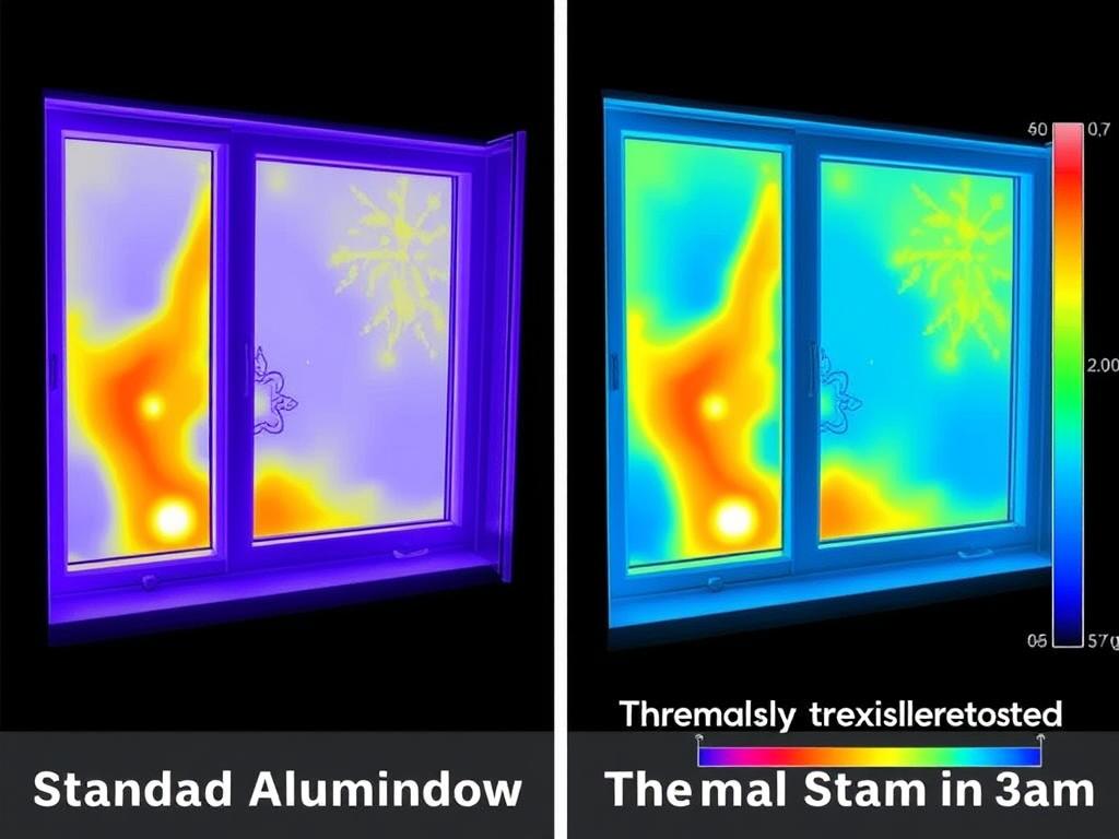 Thermal imaging comparison of standard vs thermally broken aluminium windows showing heat loss reduction