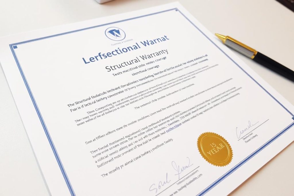 Warranty certificate for aluminium windows showing 15-year structural coverage terms and conditions