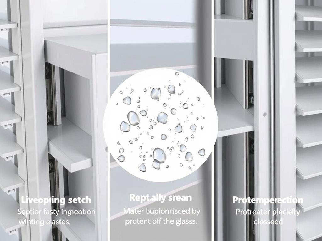 Aluminium louvre window blades in various positions showing weather seal effectiveness