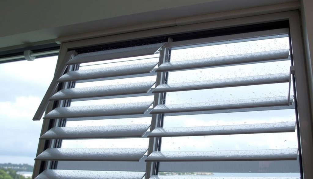 Aluminium louvre windows installed in a Sydney coastal home withstanding heavy rain