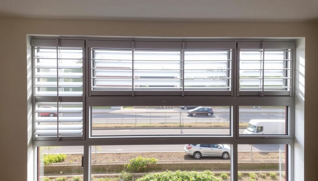 Aluminium louvre windows installed in a Sydney home near a busy road, showcasing their sleek design and acoustic properties