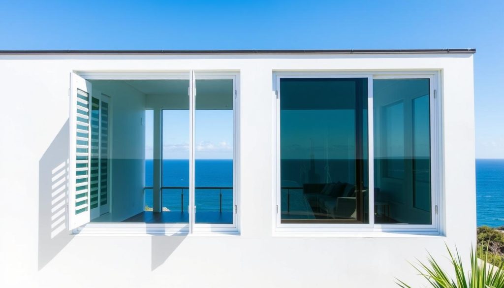 Aluminium louvre windows on a Sydney coastal home with ocean view