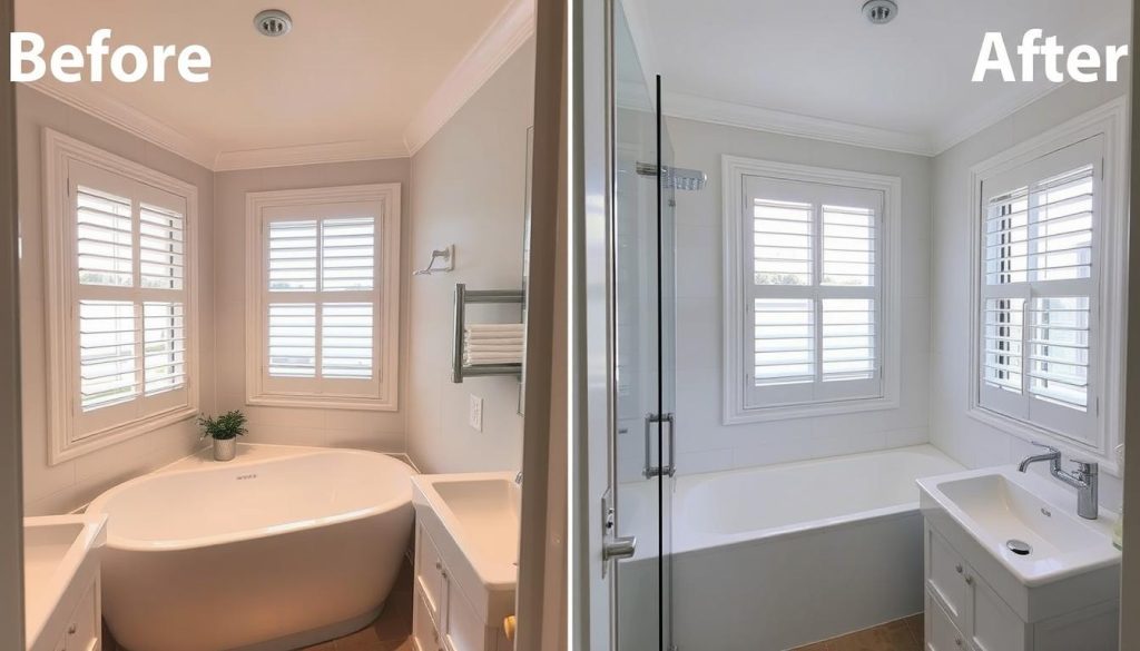 Before and after comparison of a Sydney bathroom renovation with louvre windows showing improved ventilation and reduced mould