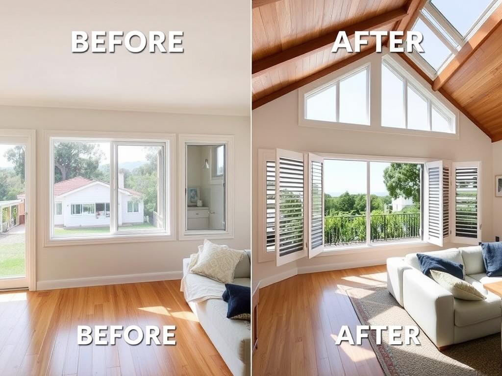 Before and after photos of a Sydney coastal home with installed louvre windows