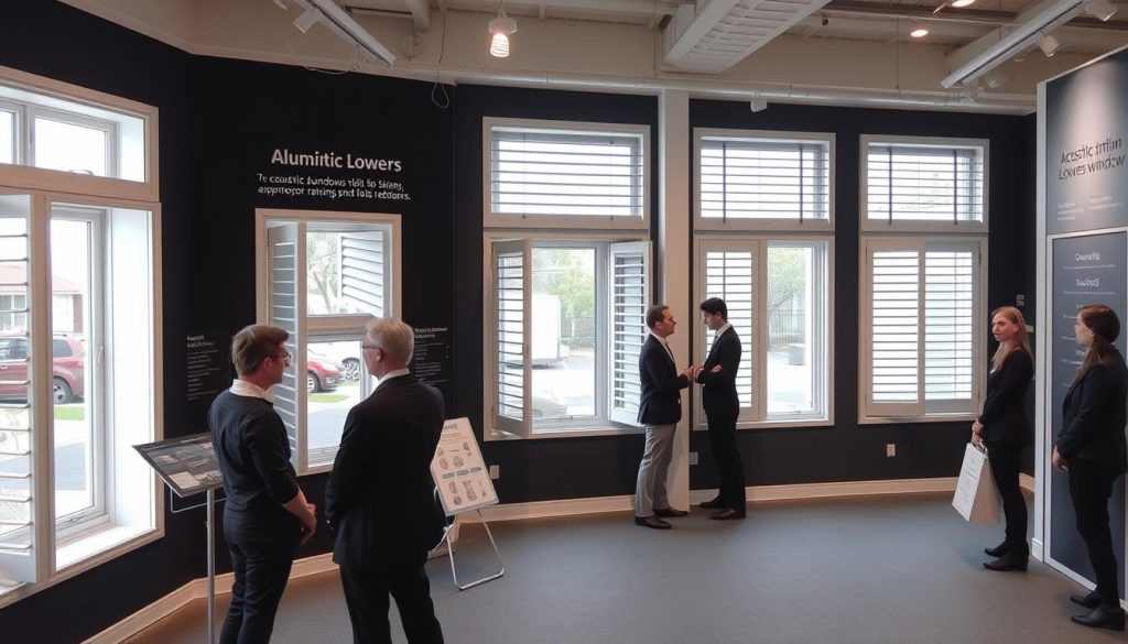 Brightview Aluminium showroom in Sydney displaying various acoustic louvre window options and testing demonstrations