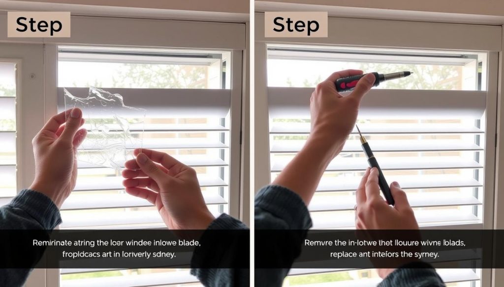 Broken louvre window blade being replaced