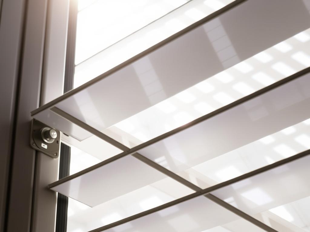 Close-up of aluminium louvre windows showing adjustable blades for airflow control