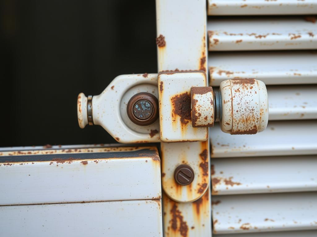Close-up of corroded louvre window mechanism causing stiffness