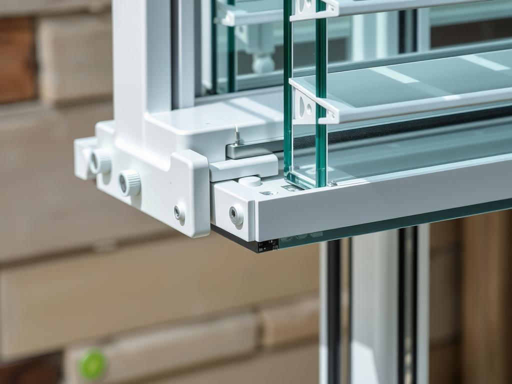 Close-up of double glazed aluminium louvre window frame and mechanism