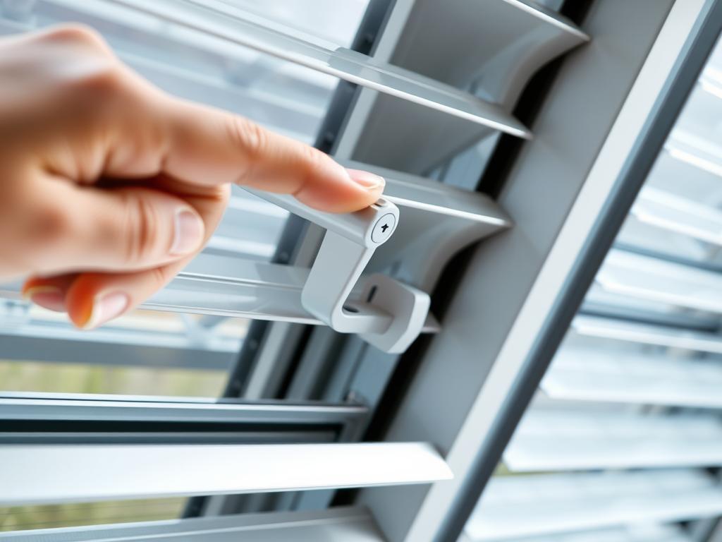 Close-up of double glazed louvre window operation mechanism