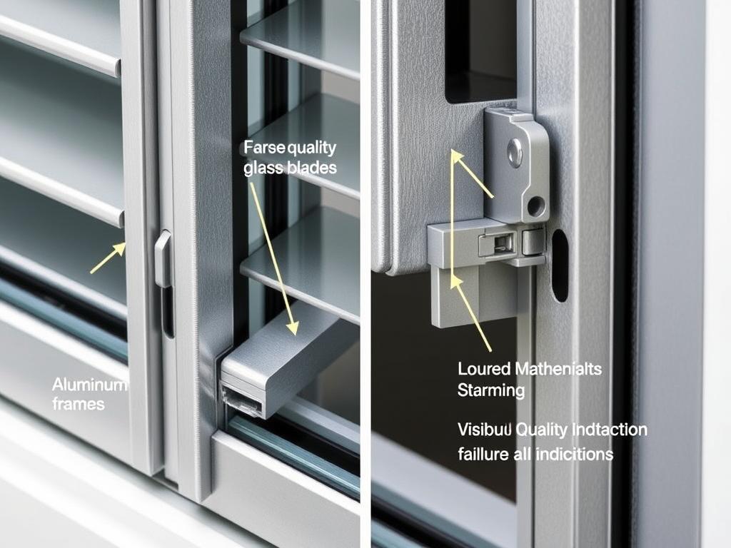 Close-up of louvre window components showing quality differences between materials