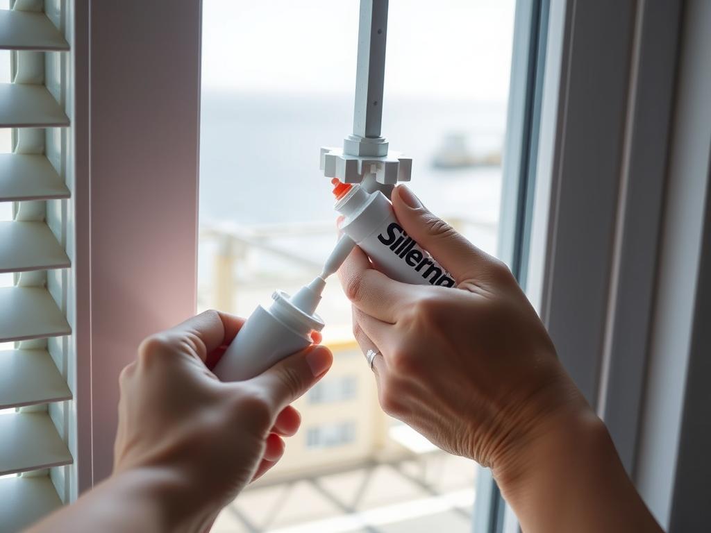 Close-up of louvre window hardware being lubricated