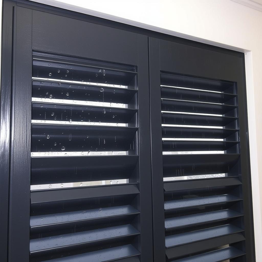 Closed aluminium louvre windows protecting against winter rain in Sydney