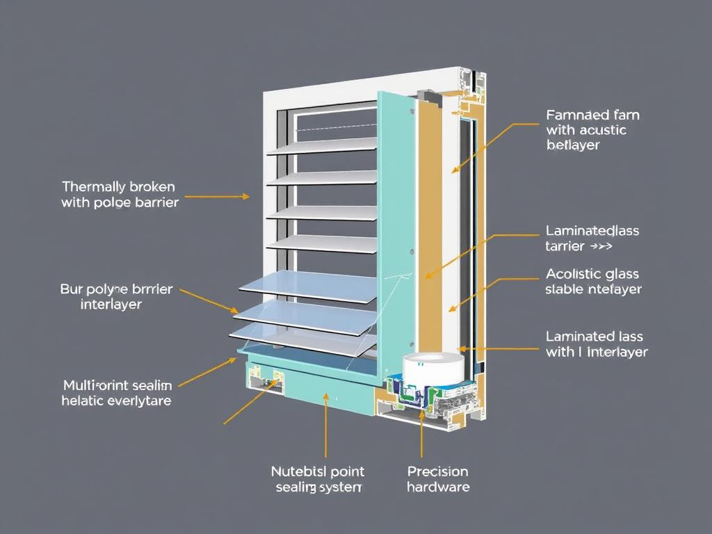 Cross-section diagram of modern acoustic louvre window showing the evolution of frame design, glass technology, and sealing systems