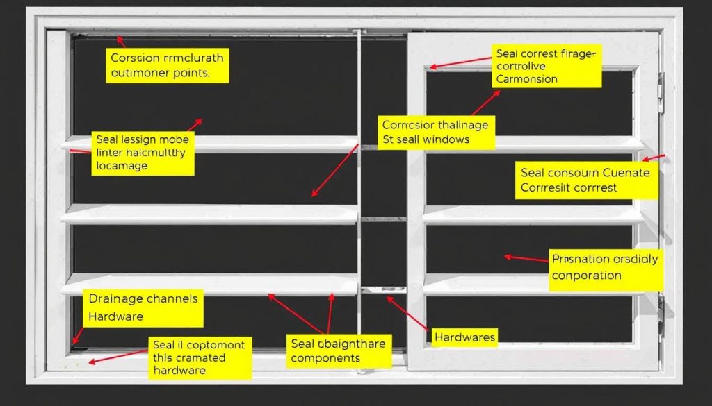 Diagram showing common problem areas on aluminium louvre windows