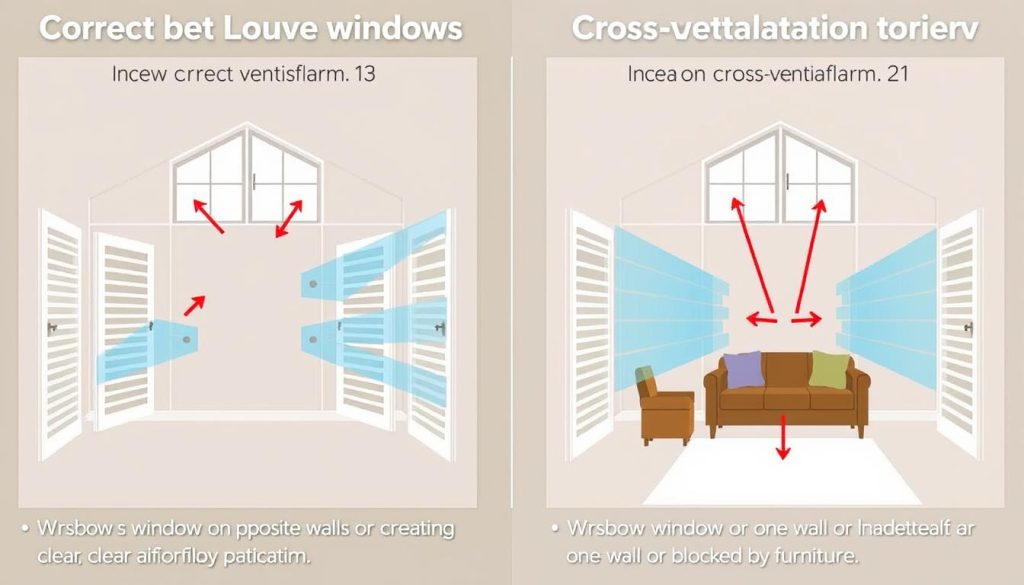 Diagram showing correct vs incorrect louvre window placement for cross-ventilation