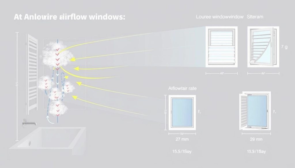 Diagram showing louvre window ventilation patterns in a bathroom with steam flow visualization