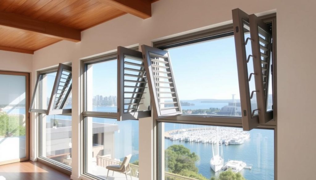 Double glazed aluminium louvre windows installed in a modern Sydney home